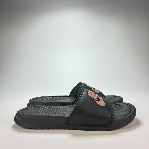 Nike Benassi JDI Black Rose Gold Open Toe Slip On Slides Sandals Women's Size 8 - Picture 1 of 9